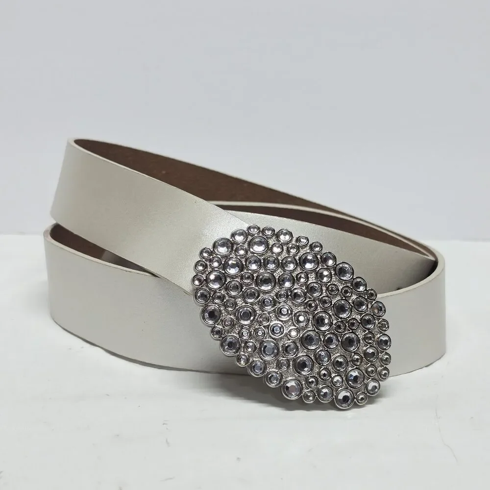Chicos Pearl Leather Rhinestones Massive Buckle Women's Belt M Statement Boho